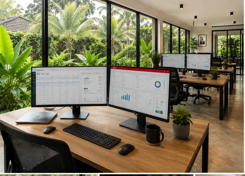 Workstations with monitors in the office in Bali, overlooking tropical greenery