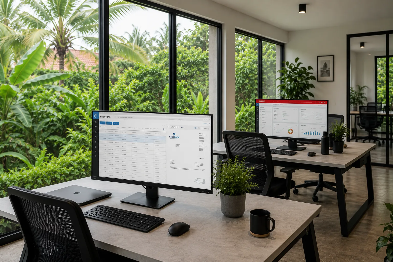 Office in Canggu, Bali: two workstations with monitors in front of large windows overlooking tropical greenery