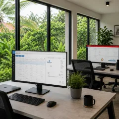 Workstation with a monitor in the office in Canggu, Bali