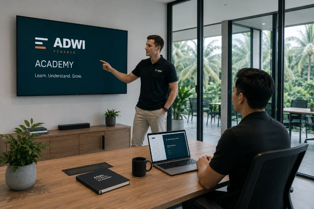 A trainer points at a screen that reads ADWI Academy while a participant with a laptop watches from a desk